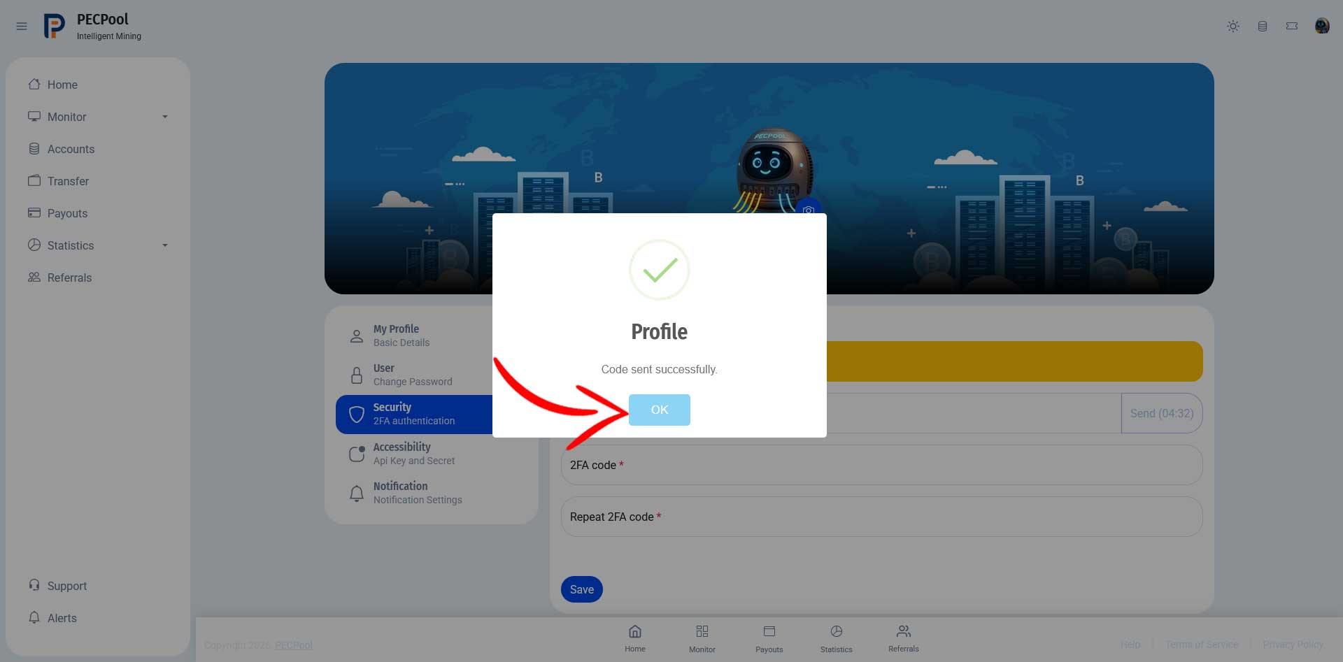 Code sent confirmation popup