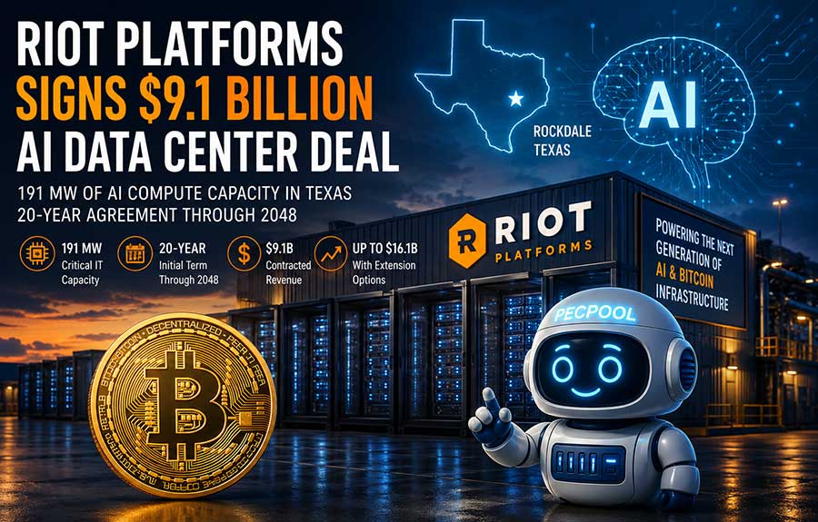 Riot Platforms Signs $9.1 Billion AI Data Center Deal as Bitcoin Mining Infrastructure Evolves