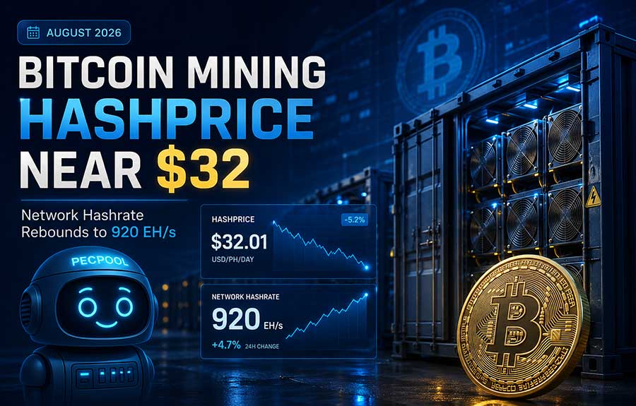 Bitcoin Mining Hashprice Holds Near $32 as Network Hashrate Rebounds to 920 EH/s